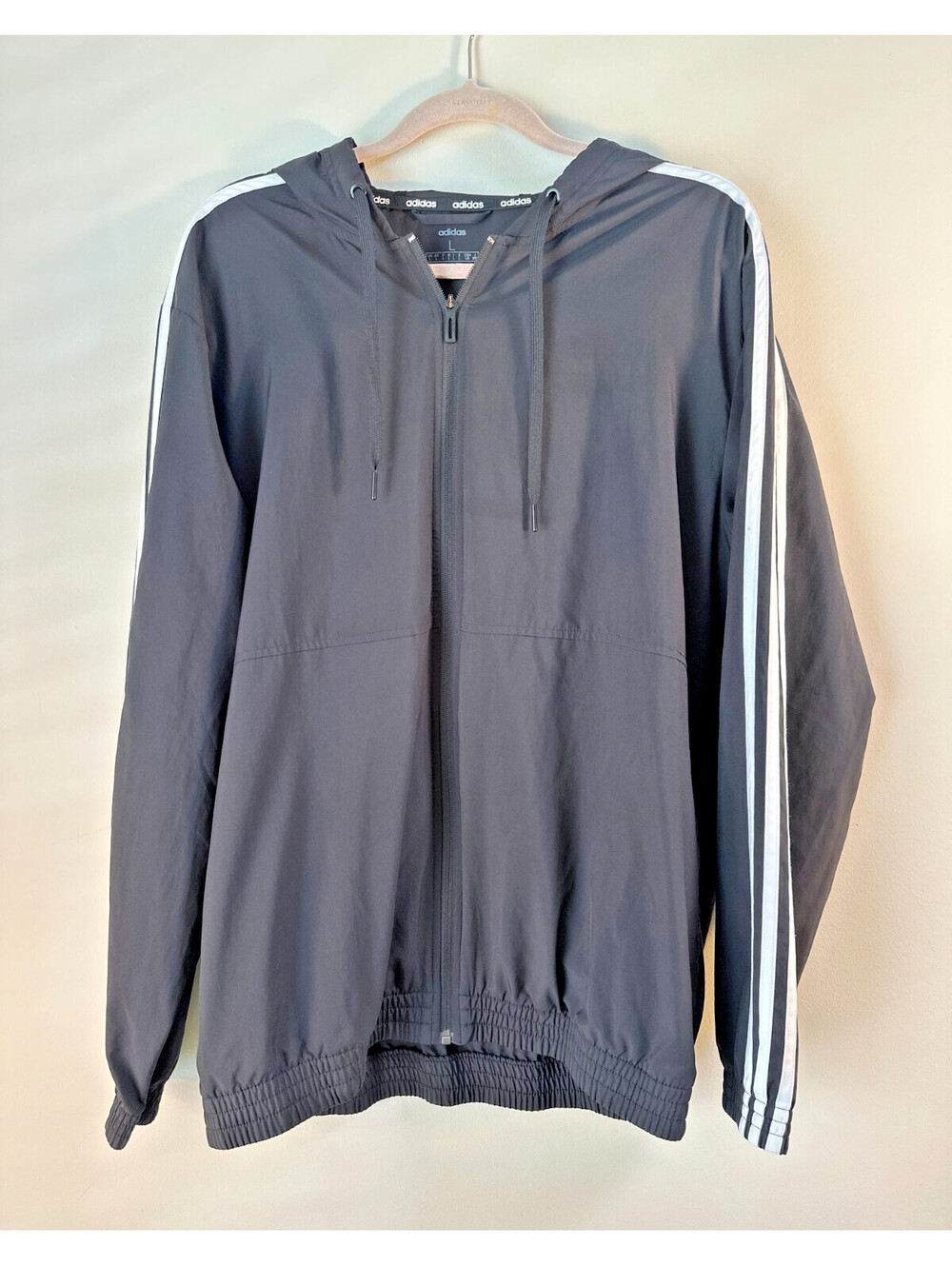 Adidas Windbreaker Jacket Mens Large Black Full Zip Hooded 3 Stripe Lightweight